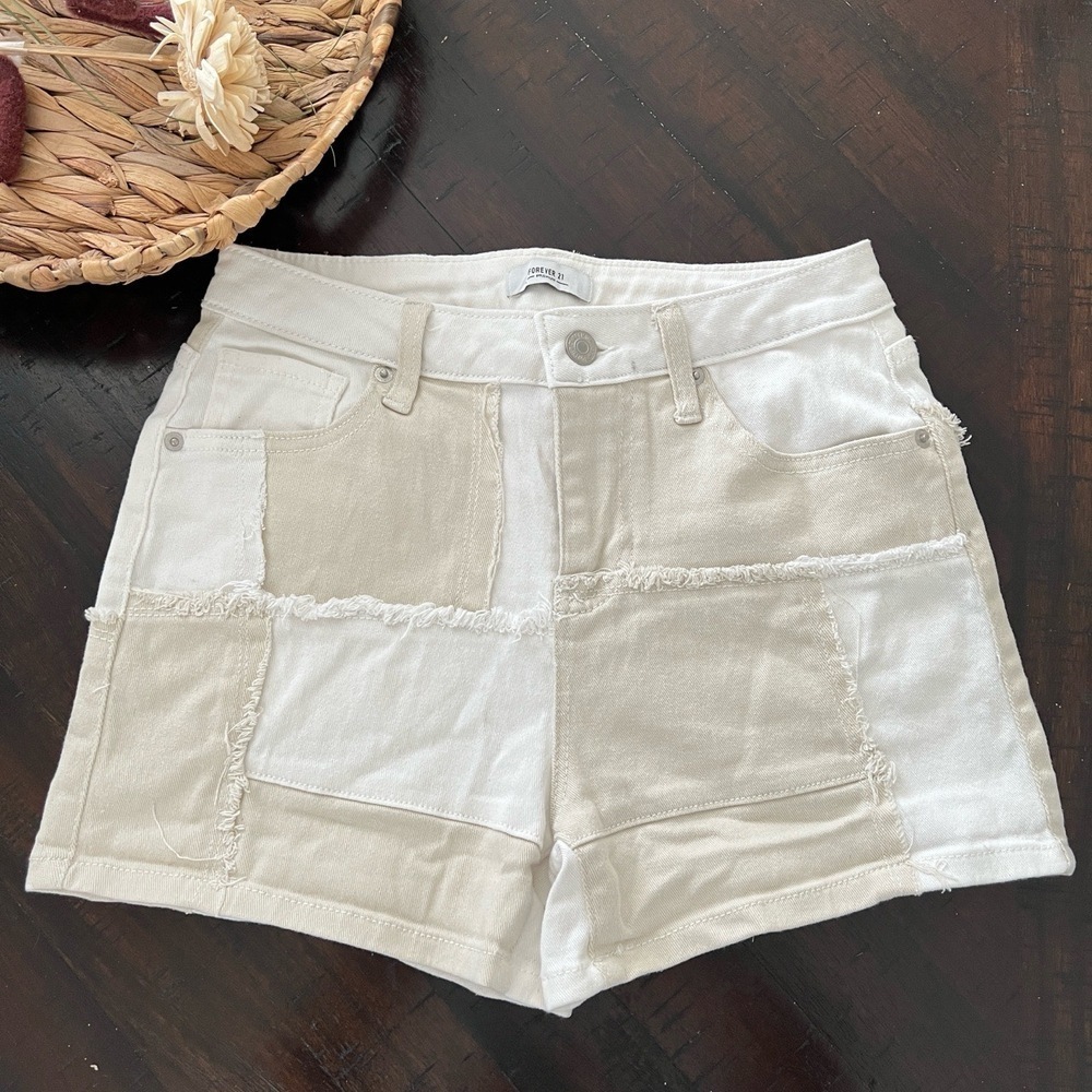 Forever 21 Denim High-Rise Jean Shorts Size 26 Beige Reworked Colorblock Womens